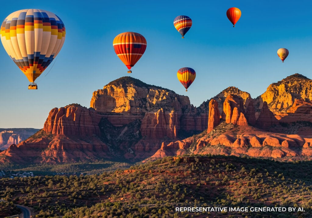 Colorful hot air balloons floating above red rock formations during sunrise with clear blue sky and desert terrain.