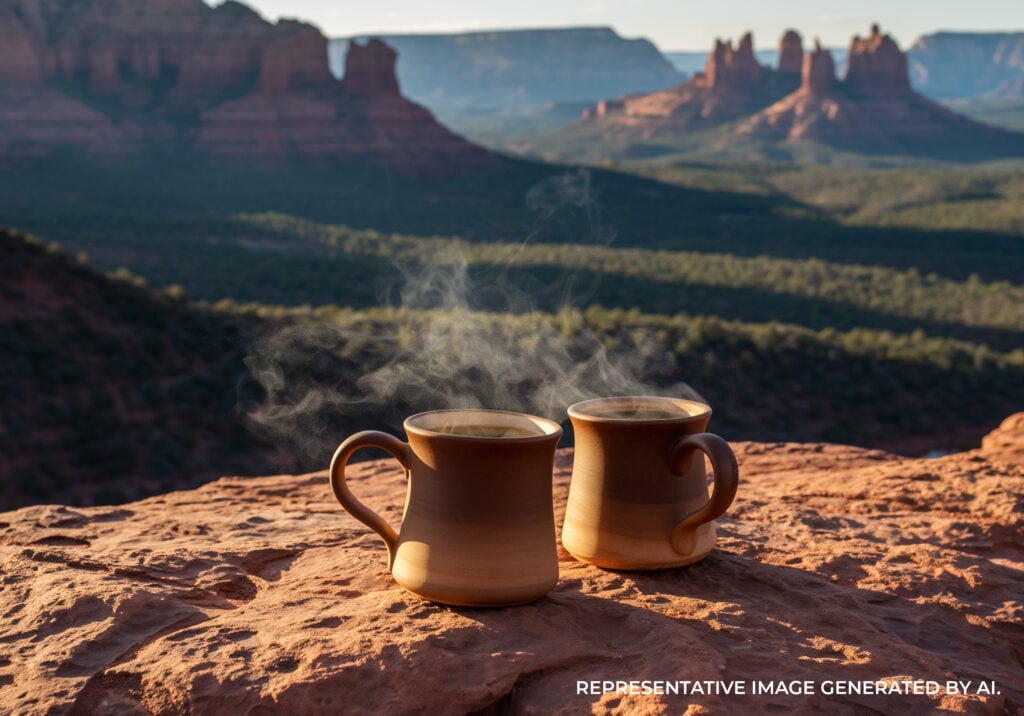 Two steaming metal mugs placed on a rock with red rock mountains in the soft morning light.