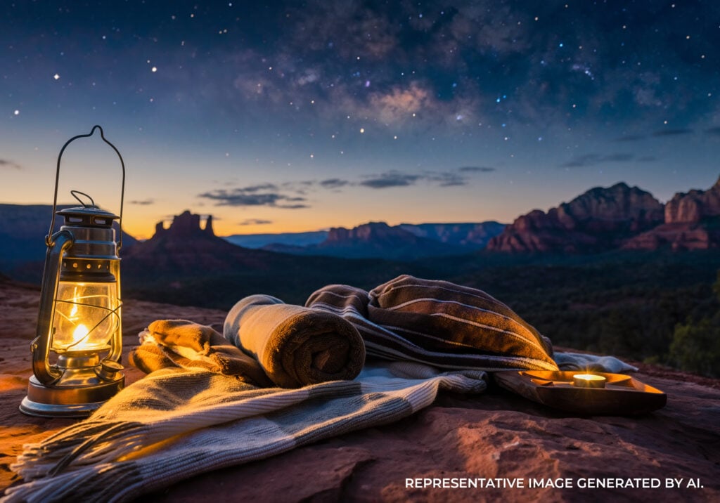 Sleeping bags arranged on a rocky ledge under a clear night sky with stars above red rock formations.