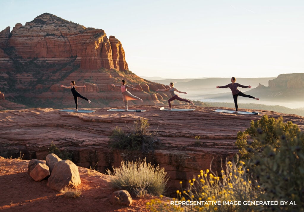 A person balancing in a yoga pose on a rock formation with sunrise light and distant red rock mountains.