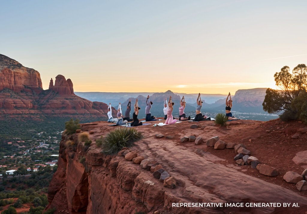 A group of people sitting on a rocky overlook practicing logo and sunset views of red rock cliffs.