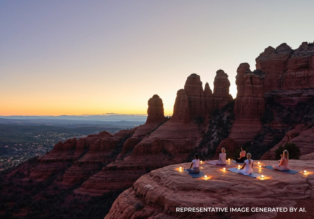 A group sitting on a rocky ledge overlooking red rock formations at sunrise with warm morning light.