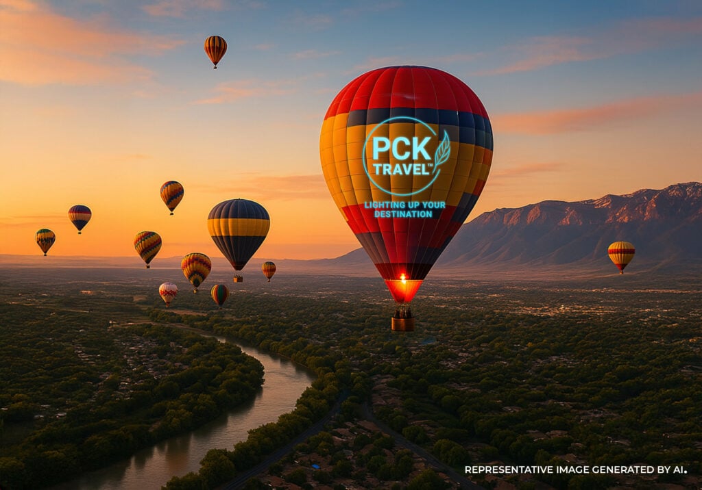 Colorful hot air balloons floating above a winding river and red rock landscape during sunrise.