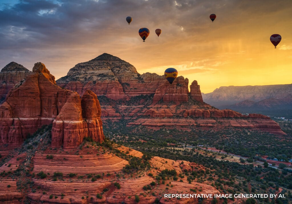 Hot air balloons drifting above red rock mesas during golden hour with soft sunlight and desert terrain.