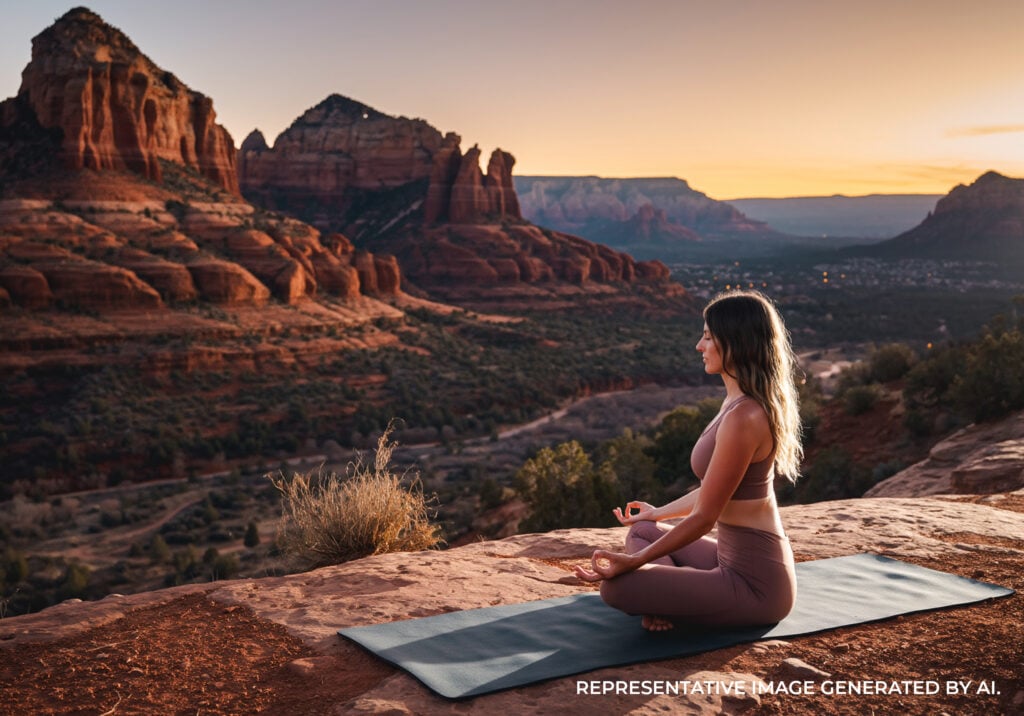 A woman practicing yoga on a flat rock ledge with red rock mountains and desert landscape behind her.