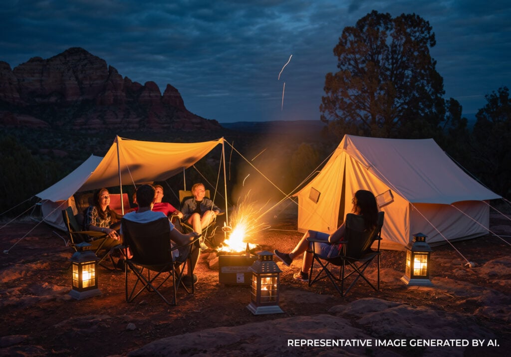 A glamping tent site at night with people gathered around a fire and stars above red rock cliffs.