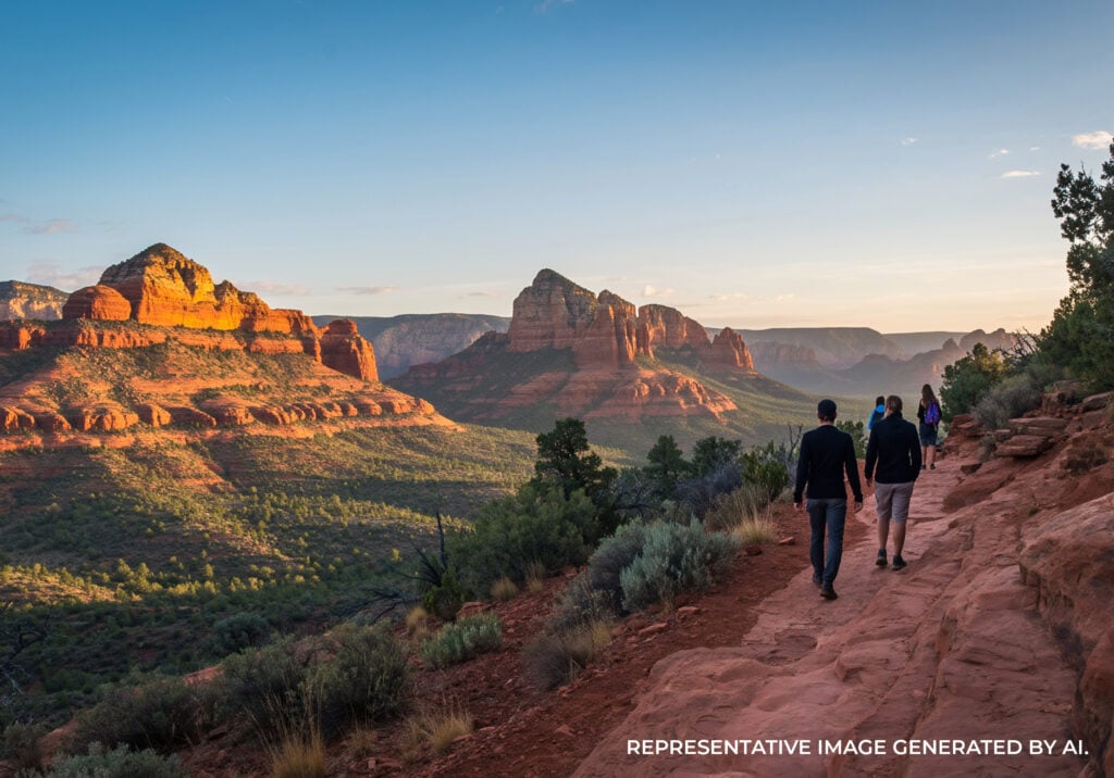 Two hikers walking along a dirt trail with red rock formations glowing in the evening light.