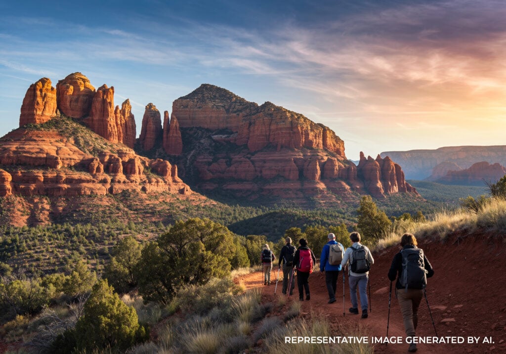 A group of hikers standing on a rocky overlook with red rock mountains and a colorful sunset sky.
