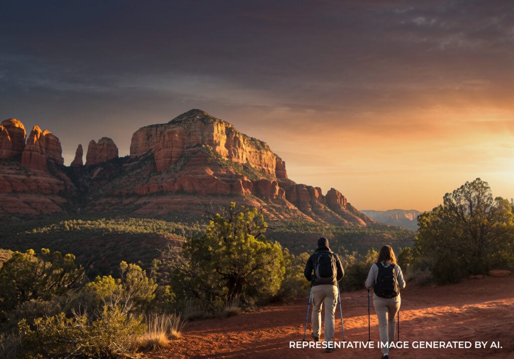 A couple hiking next to a scenic overlook with red rock formations at sunset.