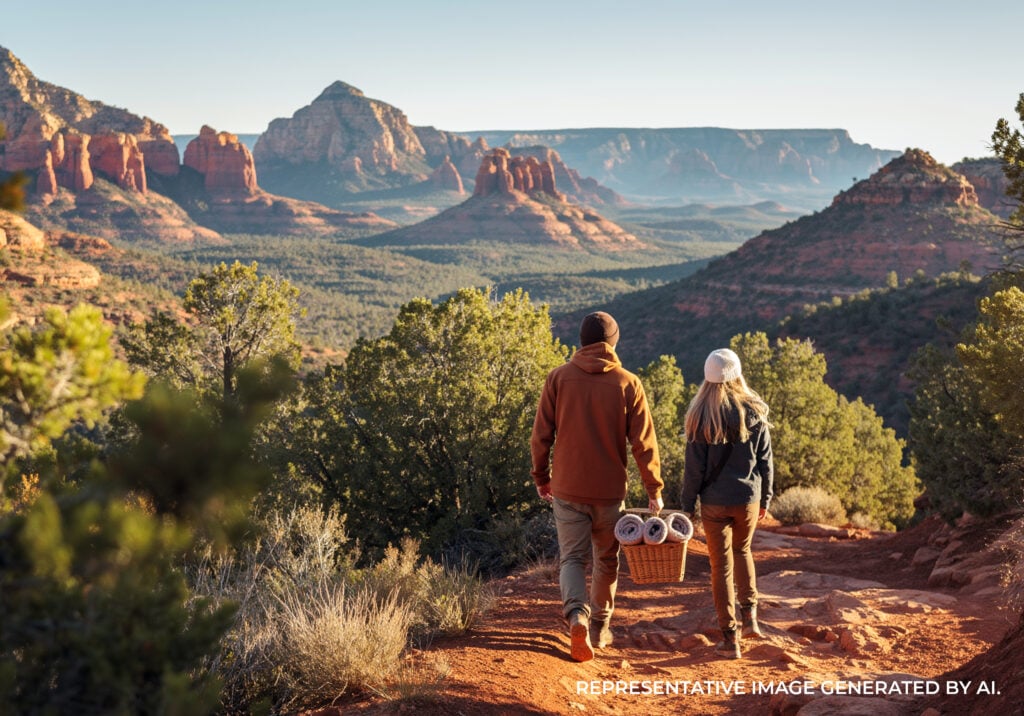 A couple walking along a dirt trail toward red rock mountains during sunset with warm golden light.