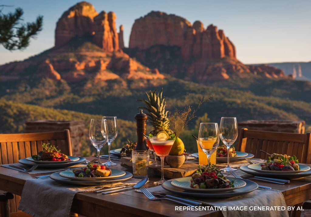An outdoor dining table with plates and wine set against glowing red rock formations at sunset.