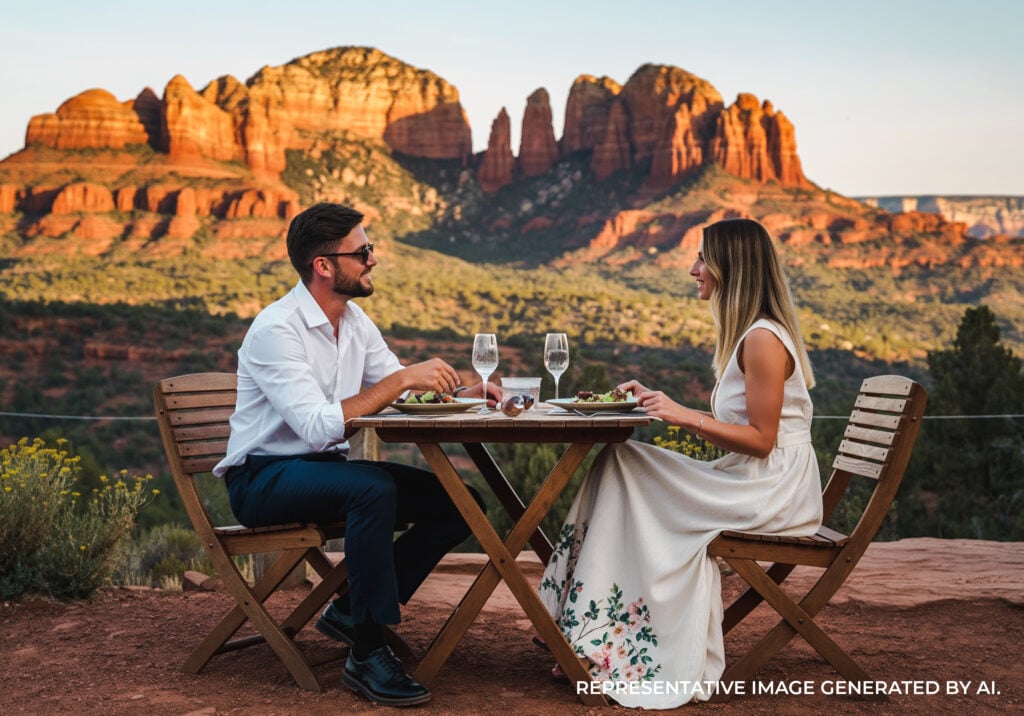 A couple enjoying dinner at an outdoor table with scenic red rock mountains in the background.