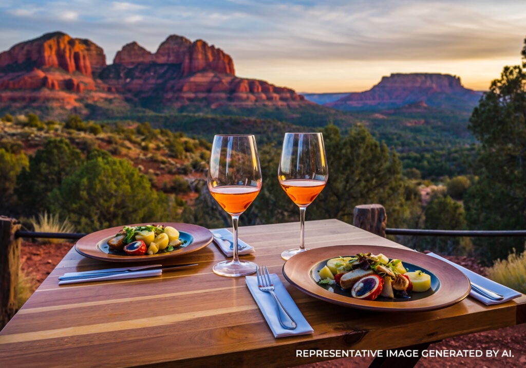 A meal with wine glasses and plated food on a rustic outdoor table overlooking red rock cliffs.