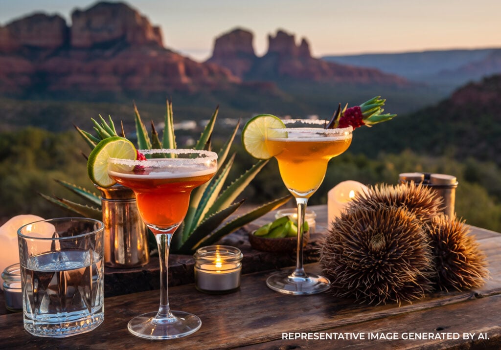 Assorted colorful cocktails arranged on a rustic table with red rock mountains in the background.