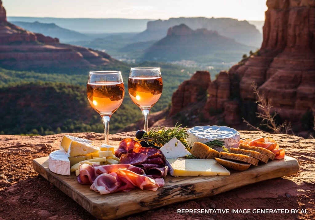 A charcuterie board with wine glasses on a wooden table overlooking red rock mountains at sunset.
