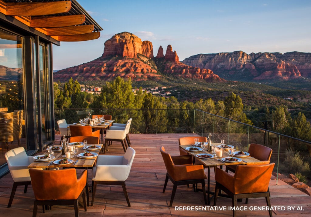 An outdoor restaurant terrace with tables and chairs overlooking red rock mountains during golden hour.
