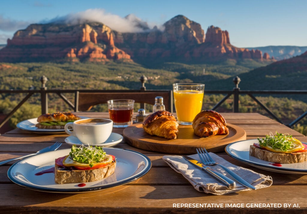 Breakfast dishes with orange juice and utensils on a table overlooking red rock mountains in morning light.