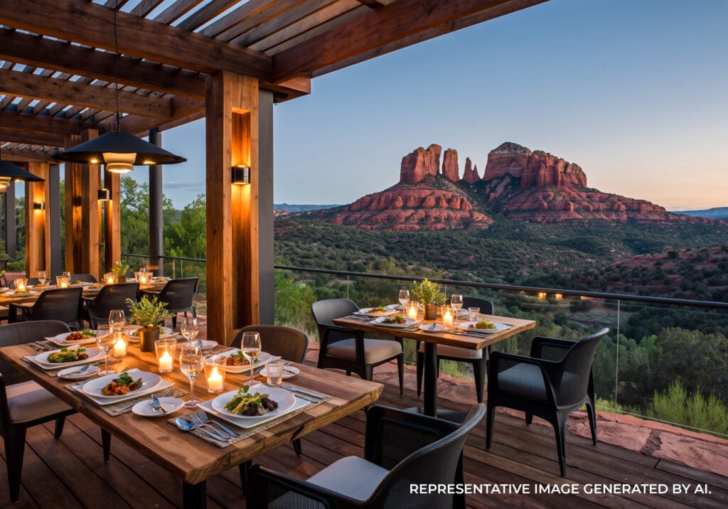 An elegant outdoor dining terrace with wooden tables, ambient lighting, and red rock mountains in the distance.