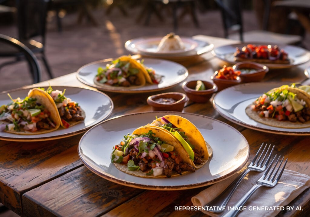 Assorted tacos and small plates arranged on a rustic wooden table with colorful toppings and garnishes.