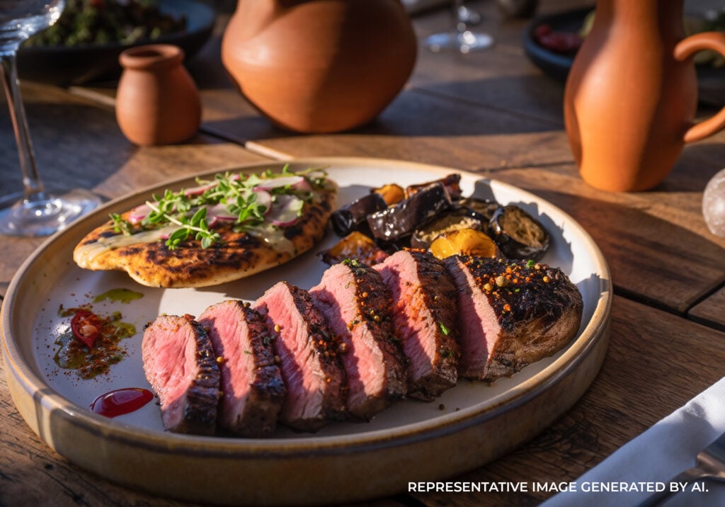 A gourmet steak dish sliced on a plate with vegetables and sauce on an outdoor table overlooking red rock mountains.