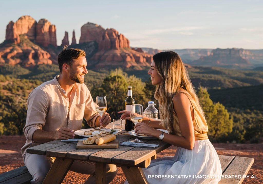 A couple seated at an outdoor dining table with wine and food, overlooking red rock mountains at sunset.