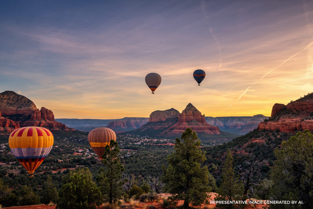 Hot air balloons floating over Sedona red rock formations during sunrise with a warm glow and natural desert landscape.