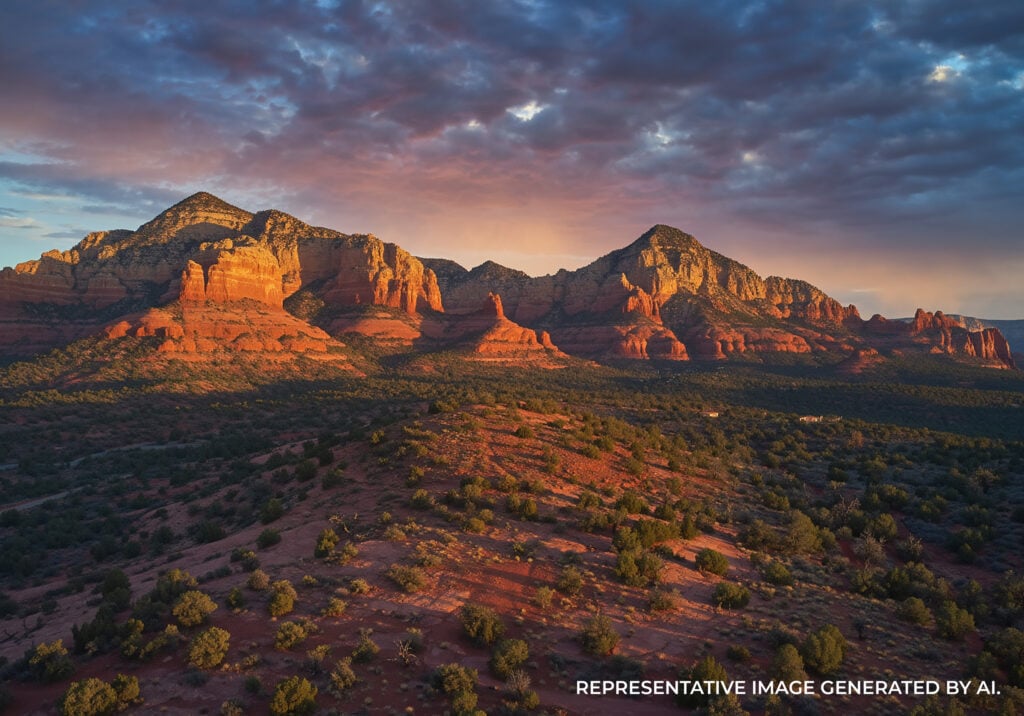 Sunlit red rock cliffs rising above a desert valley with warm earthy tones and scattered vegetation.