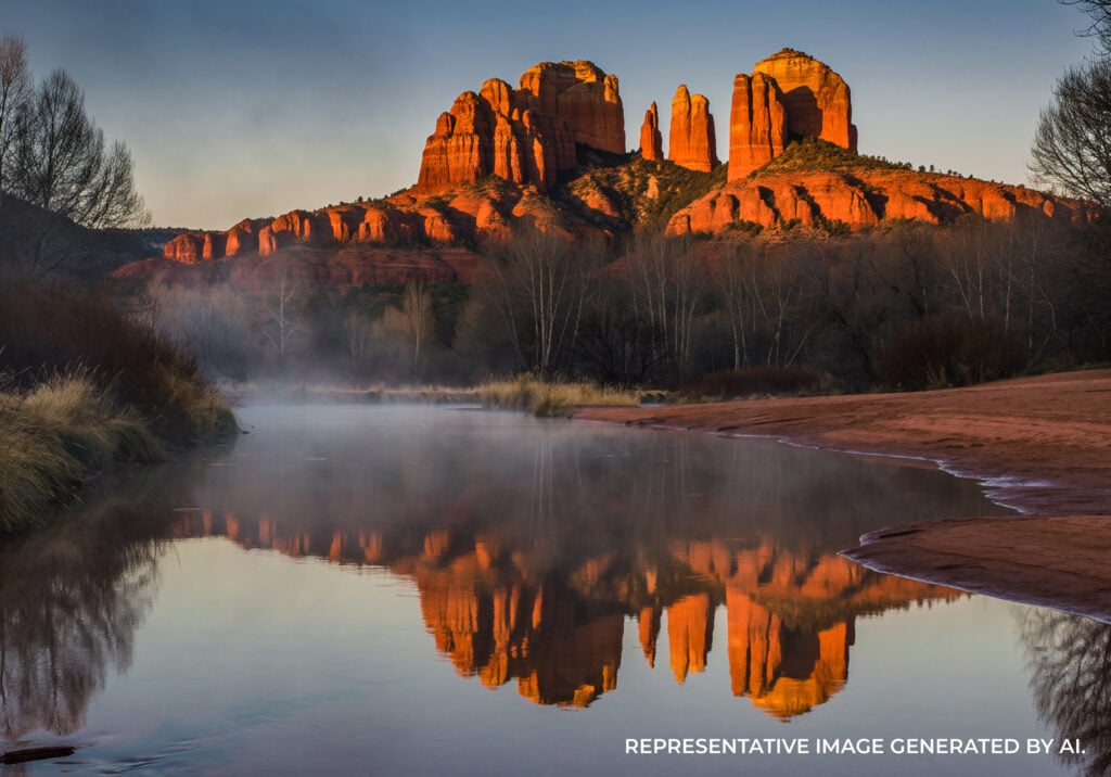 Cathedral Rock reflecting in a calm river with light morning mist and trees lining the riverbank.