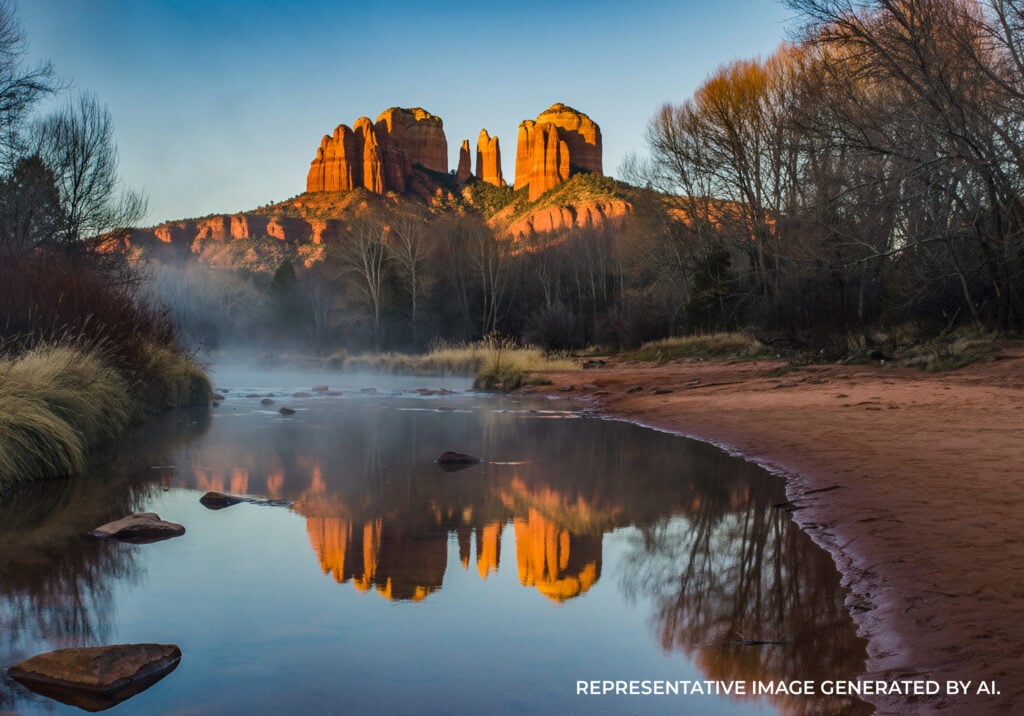 A reflective river scene with Cathedral Rock in warm sunrise light and desert trees on the shoreline.