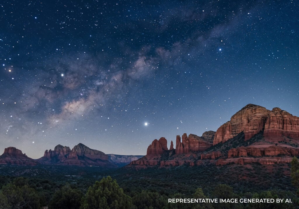 A star filled night sky above red rock cliffs with low ambient lighting and desert vegetation.