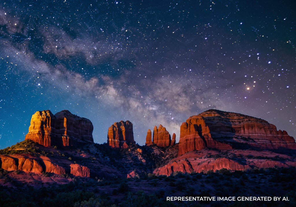 A star filled night sky with the Milky Way above silhouetted red rock formations in the desert.