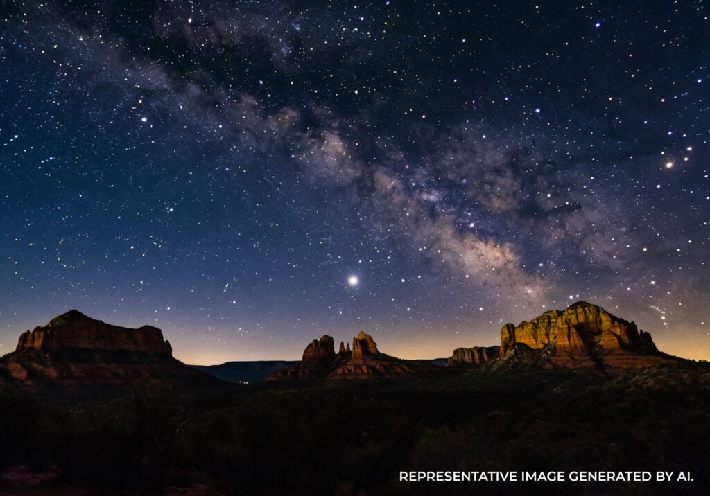The Milky Way stretching across a dark night sky above red rock peaks and desert landscape.
