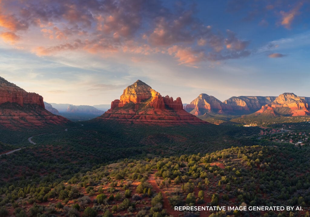Red rock peaks glowing under soft sunrise colors with a calm desert valley and scattered vegetation.
