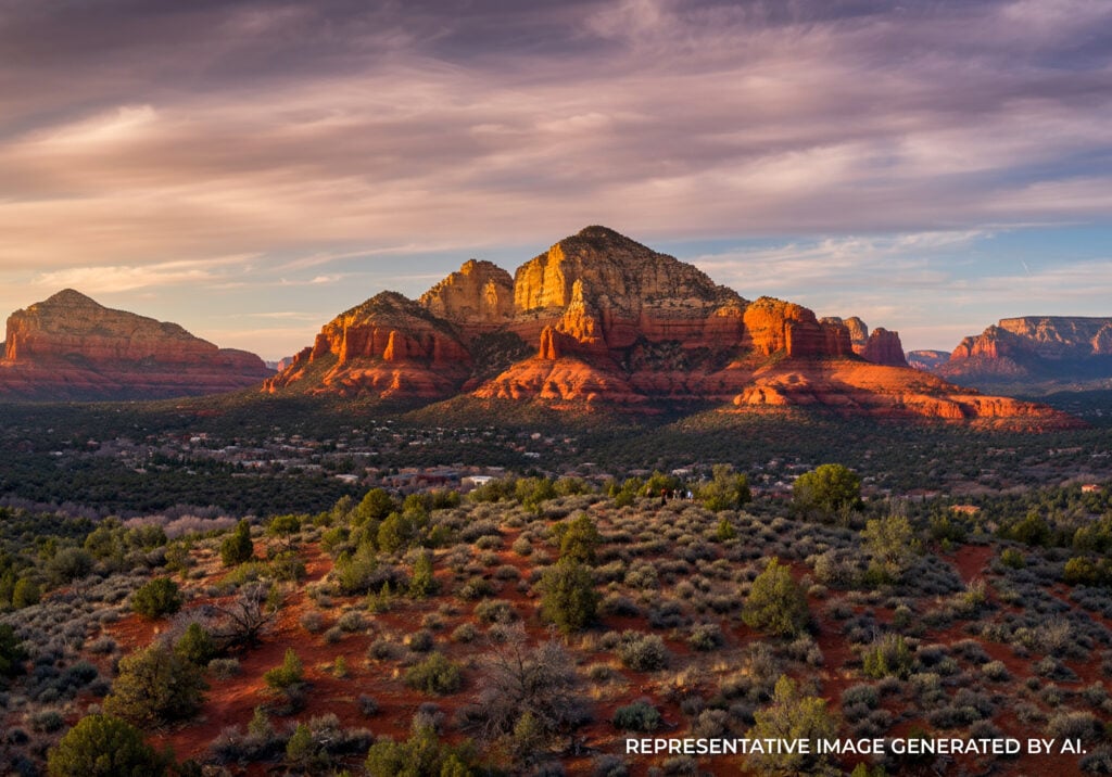 Bell Rock illuminated by golden sunlight with desert shrubs and layered terrain in the valley below.