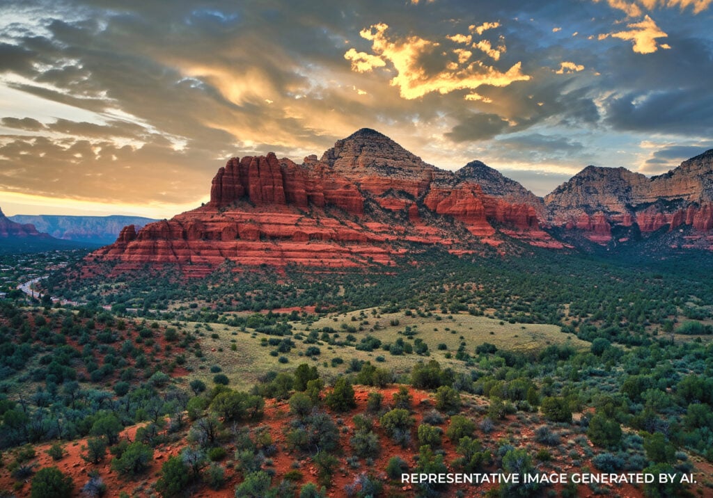 Layered red rock cliffs with desert vegetation and warm evening light casting bold highlights and sh