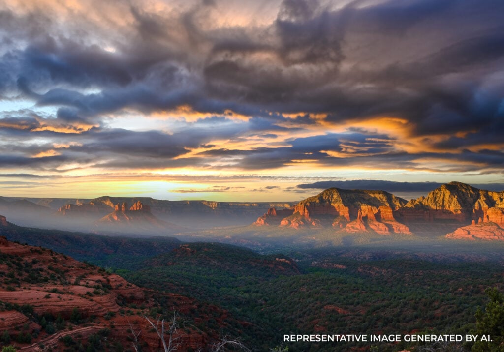 Dramatic sunset sky above Cathedral Rock with rugged desert terrain and soft shadows across the valley.