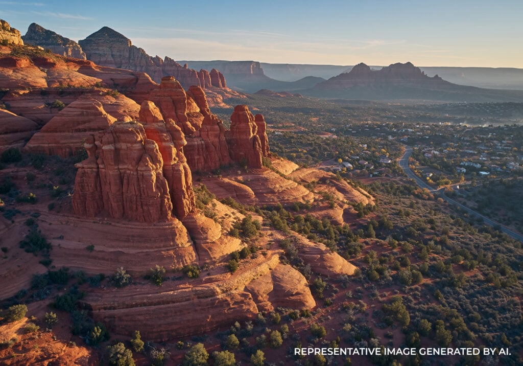 A high angle view of canyon ridges with steep red rock walls, winding terrain, and desert plants.
