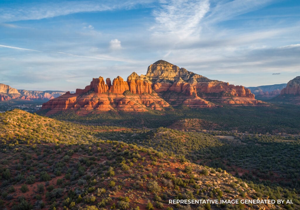 Majestic red rock mountains rising above a desert valley with shrubs and a clear blue sky.