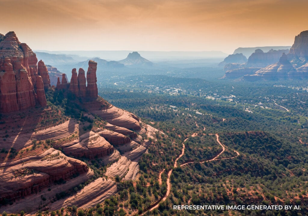 A panoramic view of steep red rock ridges and distant mesas with soft morning light and desert vegetation.