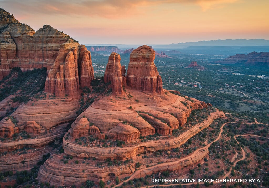 A high angle view of Bell Rock with layered sandstone ridges, desert brush, and winding terrain.