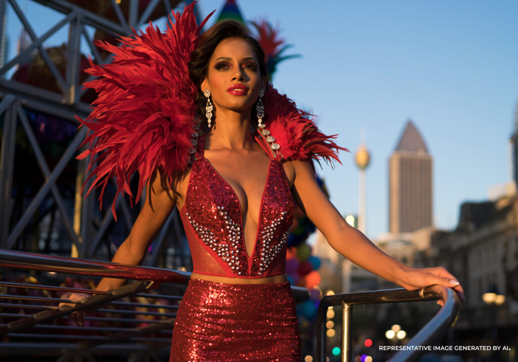 Drag performer wearing a red feathered costume posing outdoors during Sydney Mardi Gras with city buildings in the background