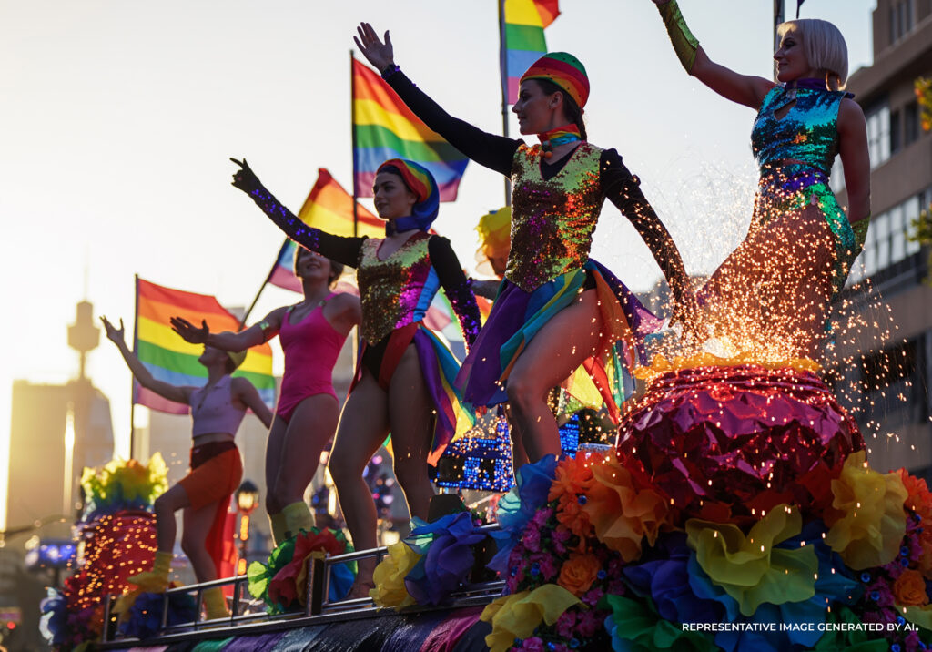 LGBTQ parade dancers in vibrant feathered costumes performing at Sydney Mardi Gras with rainbow pride flags and city skyline in the background