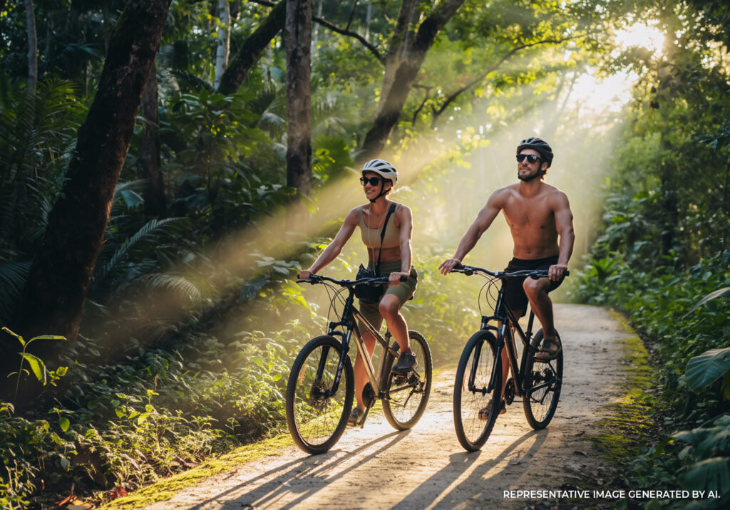 Two people riding bicycles on a jungle trail in Tulum Mexico