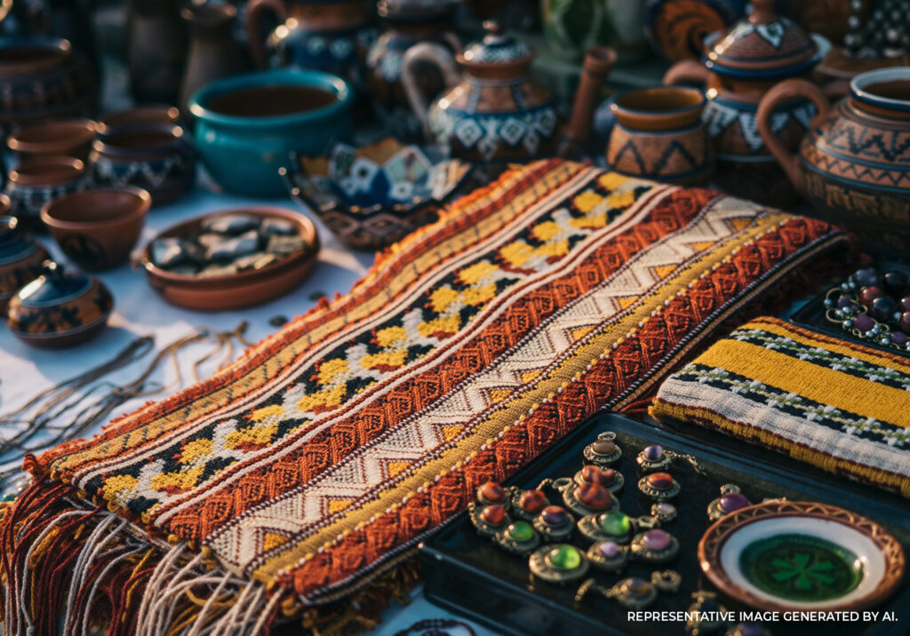 Handmade Mexican textiles and crafts displayed on a rustic table in Tulum Mexico