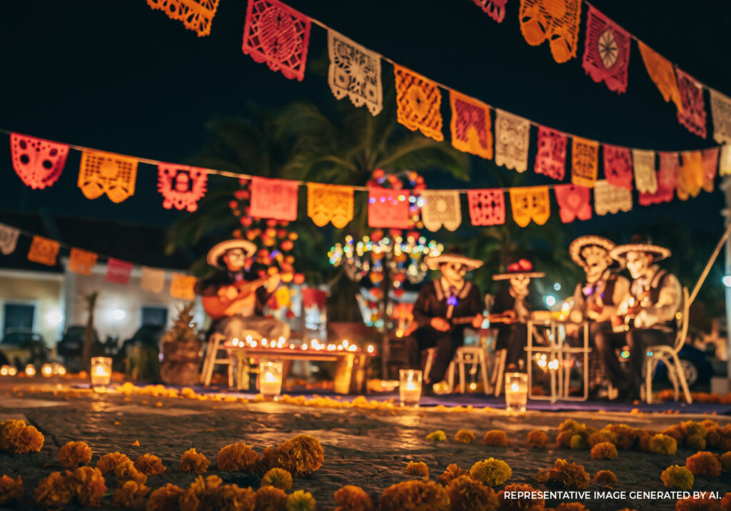 Día de los Muertos altar with candles, flowers, and papel picado at a nighttime festival in Tulum Mexico