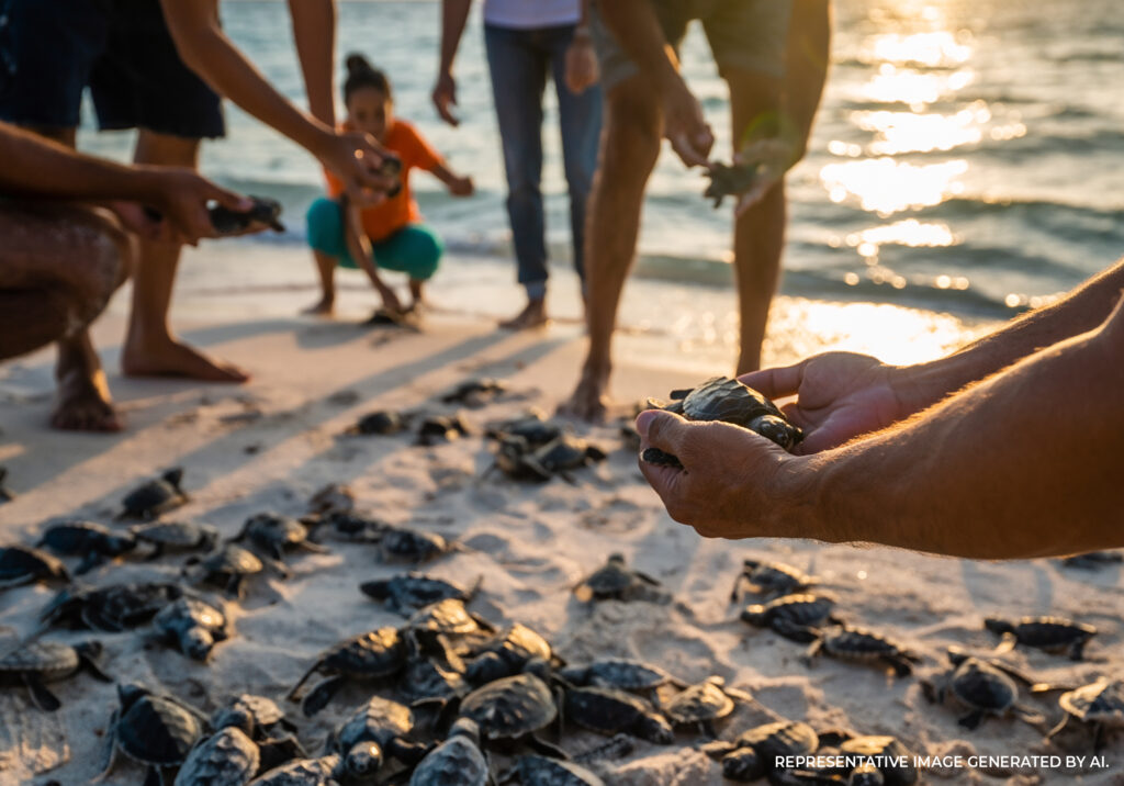 Hands gently holding a baby sea turtle on a sandy beach during a release in Tulum Mexico