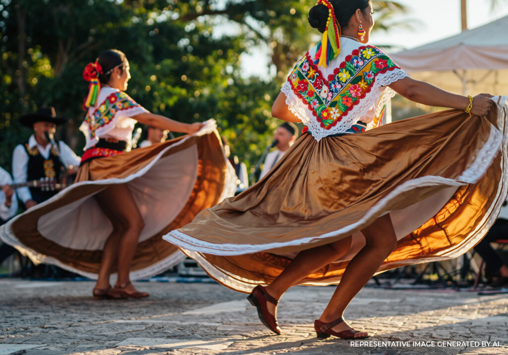 Dancers in traditional Mexican attire performing outdoors in Tulum Mexico