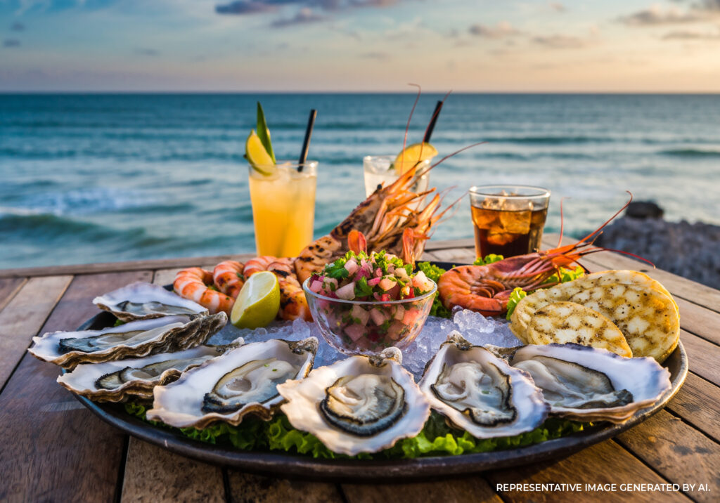 Fresh oysters and cocktails served on a beachside table in Tulum Mexico