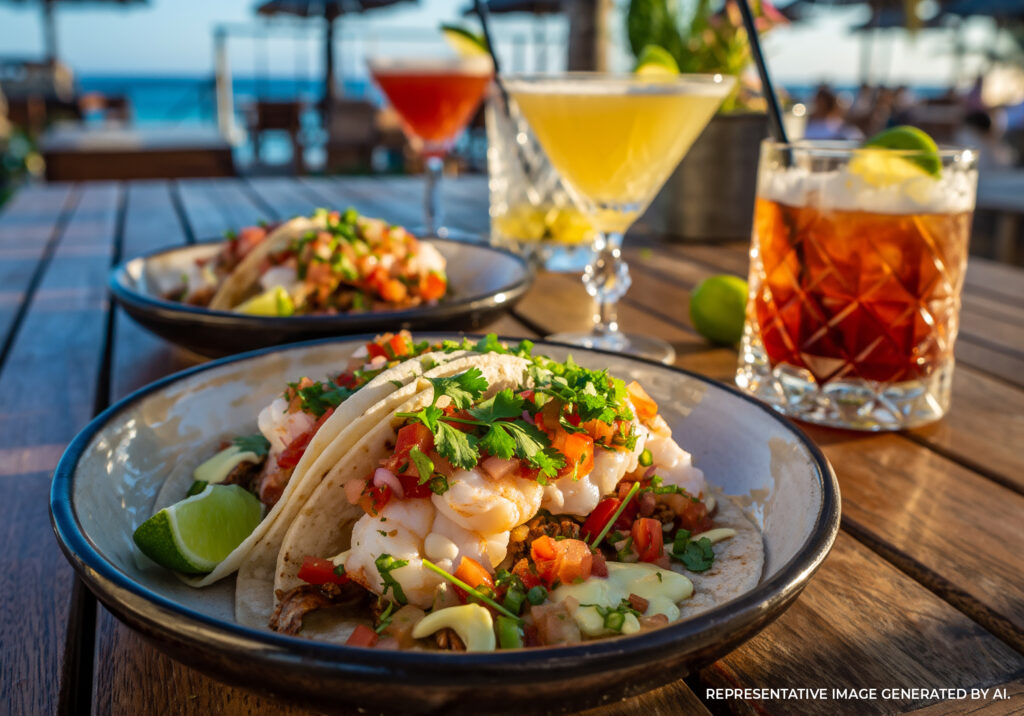 Shrimp tacos with herbs and cocktails served outdoors by the ocean in Tulum Mexico