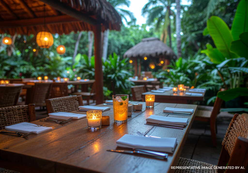 Outdoor dining table with candles and rustic décor at a jungle restaurant in Tulum Mexico